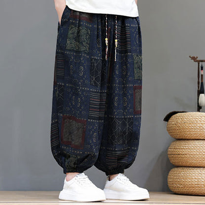 Buddha Stones Summer Boho Casual Drawstring Geometric Cropped Pants Men's Harem Pants With Pocket