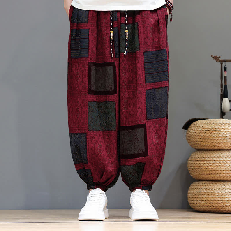 Buddha Stones Summer Boho Casual Drawstring Geometric Cropped Pants Men's Harem Pants With Pocket