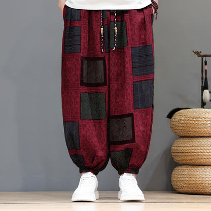 Buddha Stones Summer Boho Casual Drawstring Geometric Cropped Pants Men's Harem Pants With Pocket