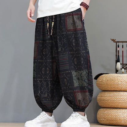 Buddha Stones Summer Boho Casual Drawstring Geometric Cropped Pants Men's Harem Pants With Pocket