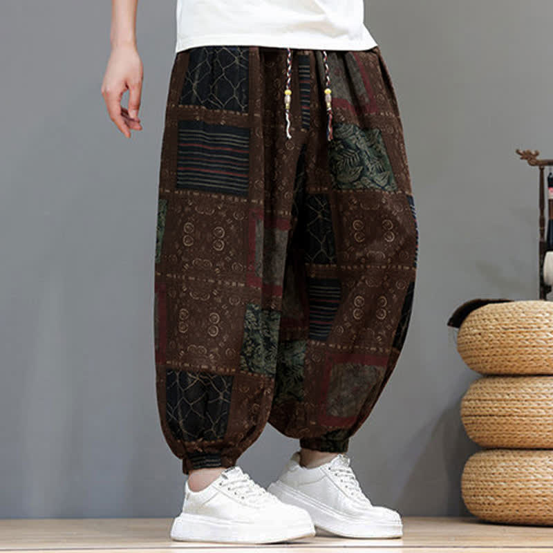 Buddha Stones Summer Boho Casual Drawstring Geometric Cropped Pants Men's Harem Pants With Pocket