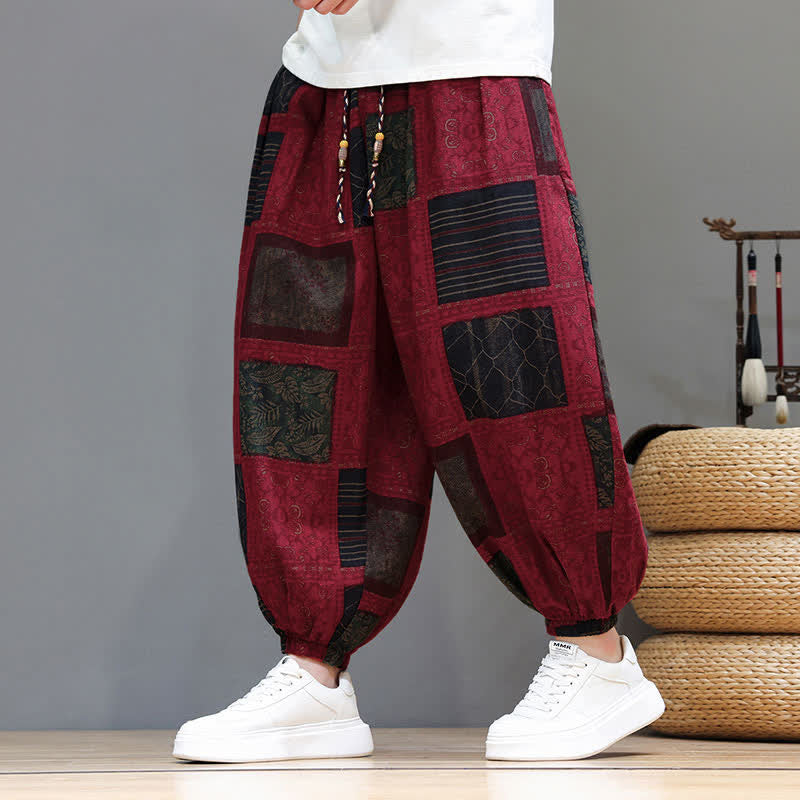 Buddha Stones Summer Boho Casual Drawstring Geometric Cropped Pants Men's Harem Pants With Pocket