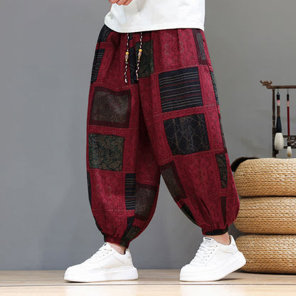 Buddha Stones Summer Boho Casual Drawstring Geometric Cropped Pants Men's Harem Pants With Pocket