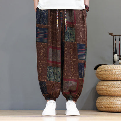 Buddha Stones Summer Boho Casual Drawstring Geometric Cropped Pants Men's Harem Pants With Pocket