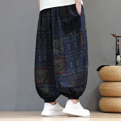 Buddha Stones Summer Boho Casual Drawstring Geometric Cropped Pants Men's Harem Pants With Pocket