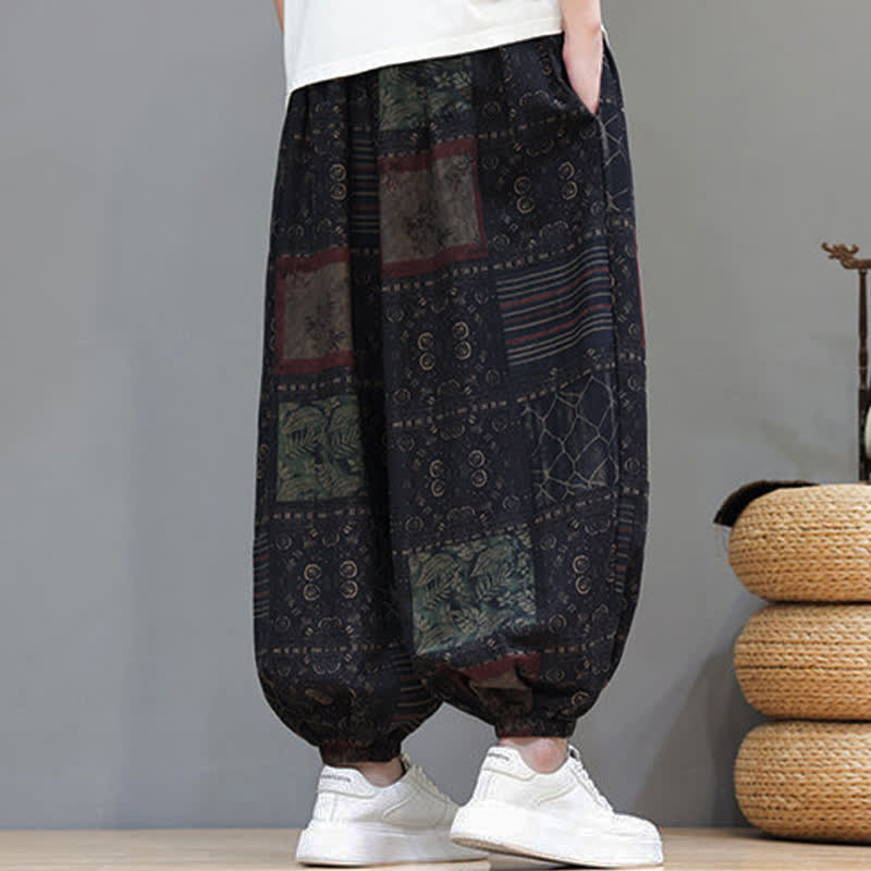 Buddha Stones Summer Boho Casual Drawstring Geometric Cropped Pants Men's Harem Pants With Pocket