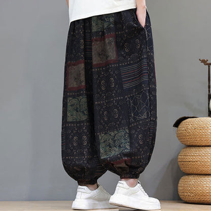 Buddha Stones Summer Boho Casual Drawstring Geometric Cropped Pants Men's Harem Pants With Pocket