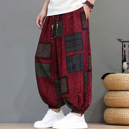Buddha Stones Summer Boho Casual Drawstring Geometric Cropped Pants Men's Harem Pants With Pocket