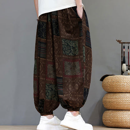 Buddha Stones Summer Boho Casual Drawstring Geometric Cropped Pants Men's Harem Pants With Pocket