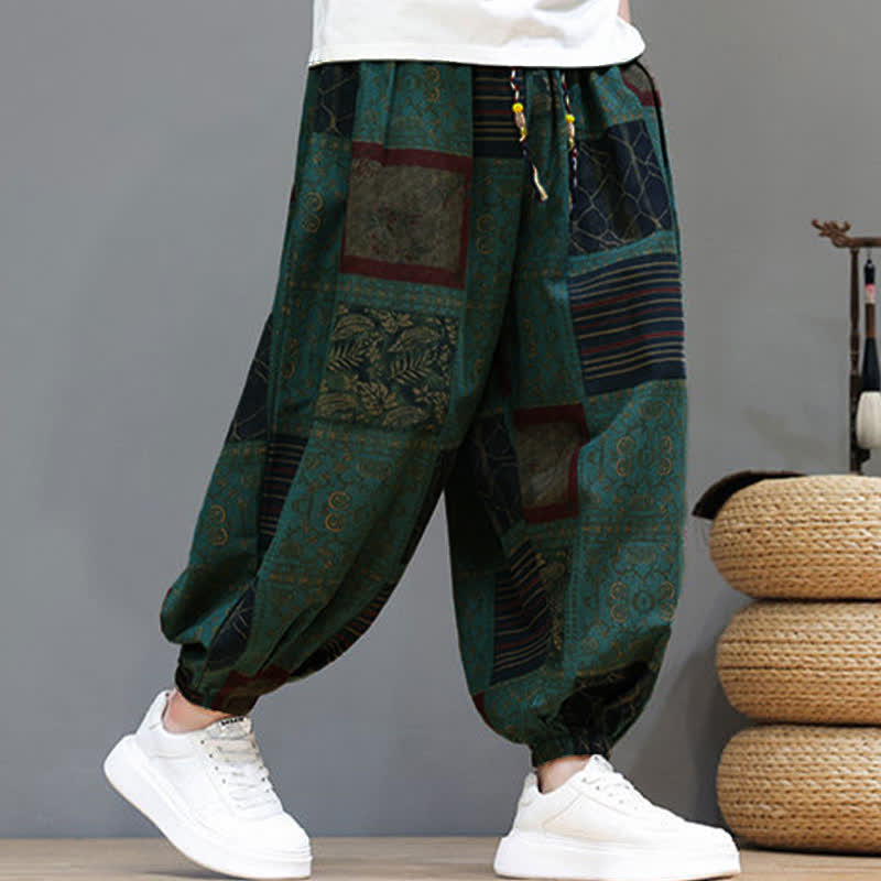Buddha Stones Summer Boho Casual Drawstring Geometric Cropped Pants Men's Harem Pants With Pocket