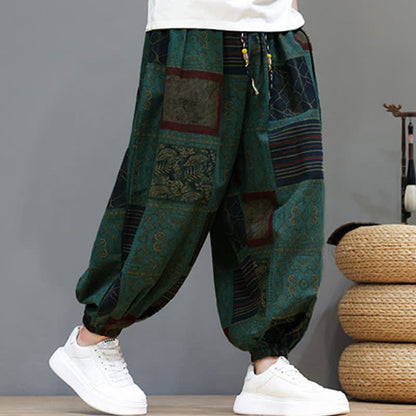 Buddha Stones Summer Boho Casual Drawstring Geometric Cropped Pants Men's Harem Pants With Pocket