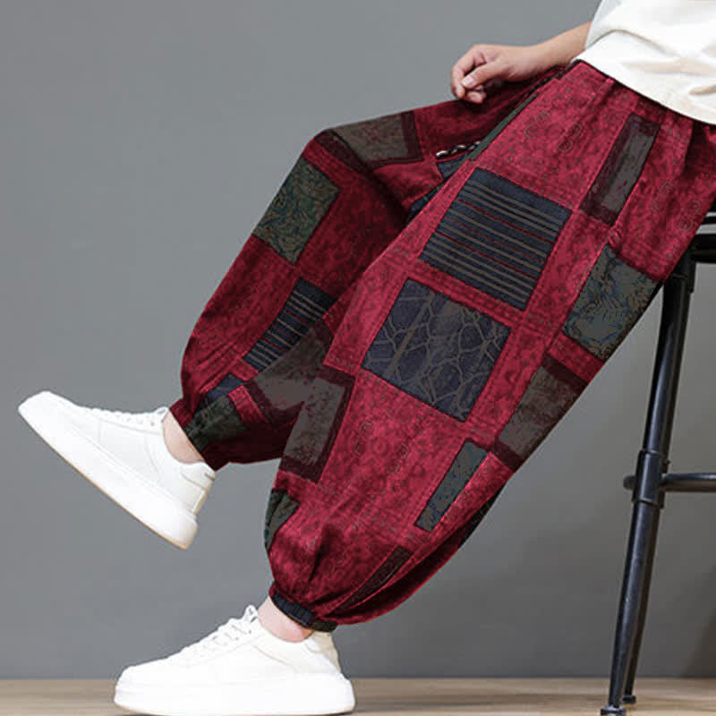 Buddha Stones Summer Boho Casual Drawstring Geometric Cropped Pants Men's Harem Pants With Pocket