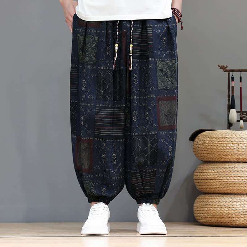 Buddha Stones Summer Boho Casual Drawstring Geometric Cropped Pants Men's Harem Pants With Pocket