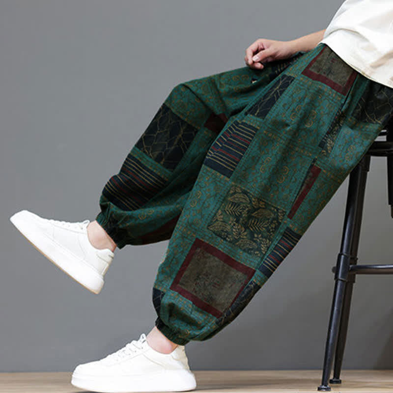 Buddha Stones Summer Boho Casual Drawstring Geometric Cropped Pants Men's Harem Pants With Pocket