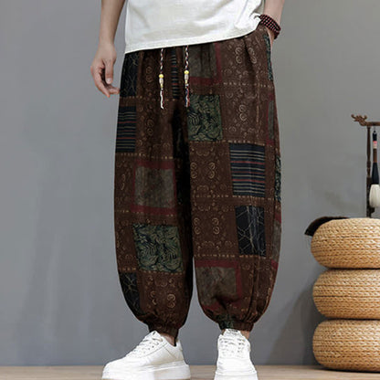 Buddha Stones Summer Boho Casual Drawstring Geometric Cropped Pants Men's Harem Pants With Pocket