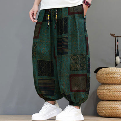 Buddha Stones Summer Boho Casual Drawstring Geometric Cropped Pants Men's Harem Pants With Pocket