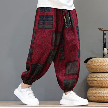 Buddha Stones Summer Boho Casual Drawstring Geometric Cropped Pants Men's Harem Pants With Pocket