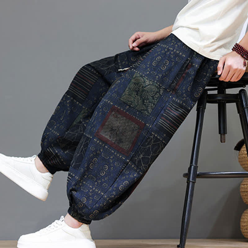 Buddha Stones Summer Boho Casual Drawstring Geometric Cropped Pants Men's Harem Pants With Pocket