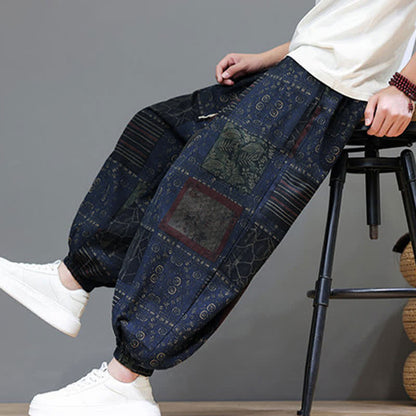 Buddha Stones Summer Boho Casual Drawstring Geometric Cropped Pants Men's Harem Pants With Pocket