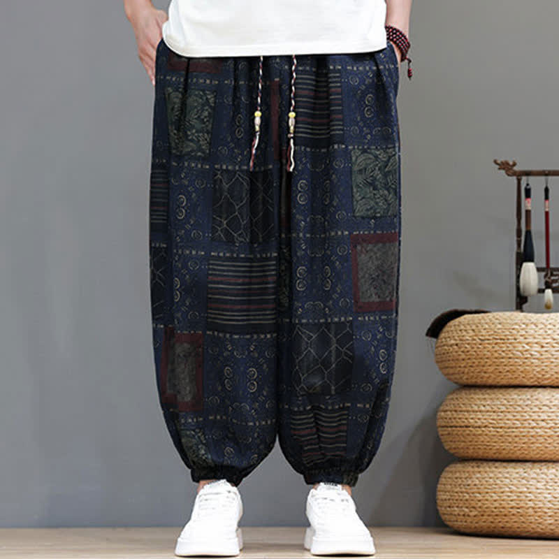 Buddha Stones Summer Boho Casual Drawstring Geometric Cropped Pants Men's Harem Pants With Pocket