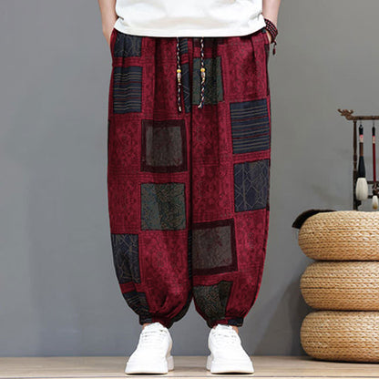 Buddha Stones Summer Boho Casual Drawstring Geometric Cropped Pants Men's Harem Pants With Pocket