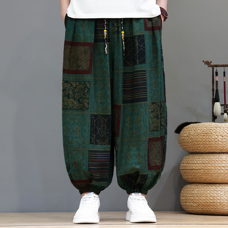 Buddha Stones Summer Boho Casual Drawstring Geometric Cropped Pants Men's Harem Pants With Pocket