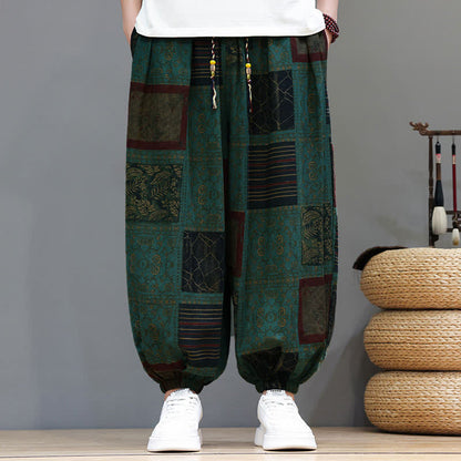Buddha Stones Summer Boho Casual Drawstring Geometric Cropped Pants Men's Harem Pants With Pocket