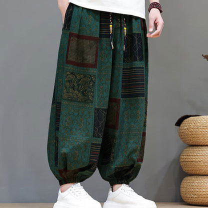 Buddha Stones Summer Boho Casual Drawstring Geometric Cropped Pants Men's Harem Pants With Pocket