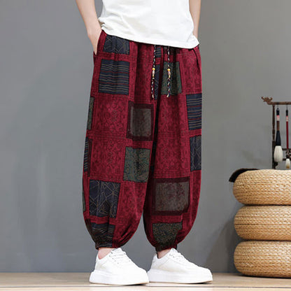Buddha Stones Summer Boho Casual Drawstring Geometric Cropped Pants Men's Harem Pants With Pocket
