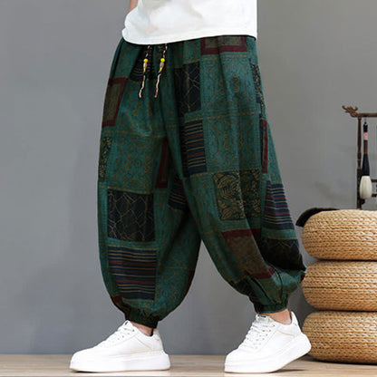 Buddha Stones Summer Boho Casual Drawstring Geometric Cropped Pants Men's Harem Pants With Pocket