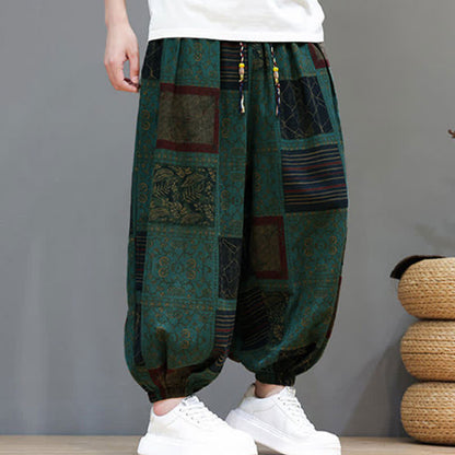 Buddha Stones Summer Boho Casual Drawstring Geometric Cropped Pants Men's Harem Pants With Pocket