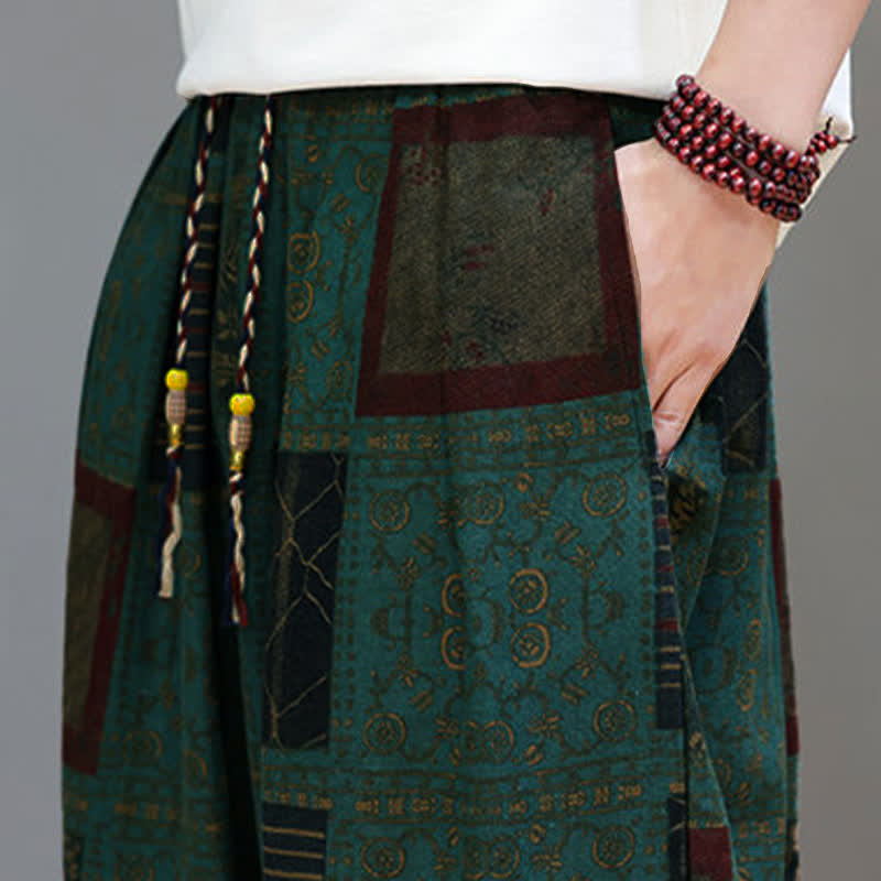 Buddha Stones Summer Boho Casual Drawstring Geometric Cropped Pants Men's Harem Pants With Pocket