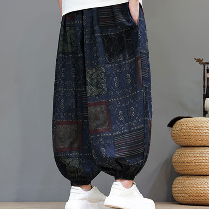 Buddha Stones Summer Boho Casual Drawstring Geometric Cropped Pants Men's Harem Pants With Pocket