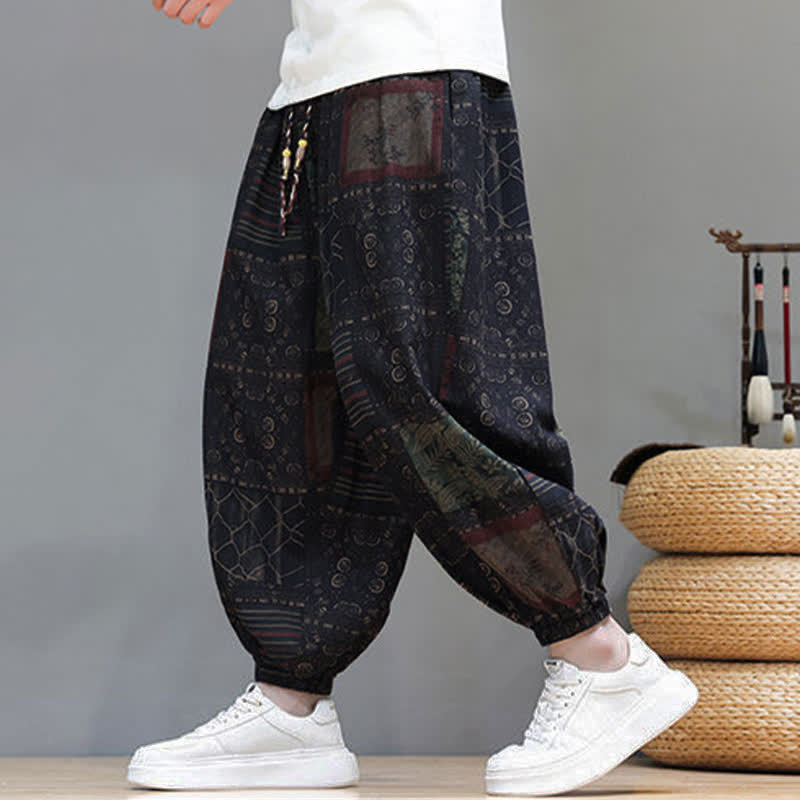 Buddha Stones Summer Boho Casual Drawstring Geometric Cropped Pants Men's Harem Pants With Pocket