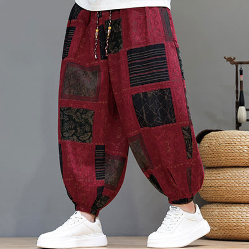 Buddha Stones Summer Boho Casual Drawstring Geometric Cropped Pants Men's Harem Pants With Pocket
