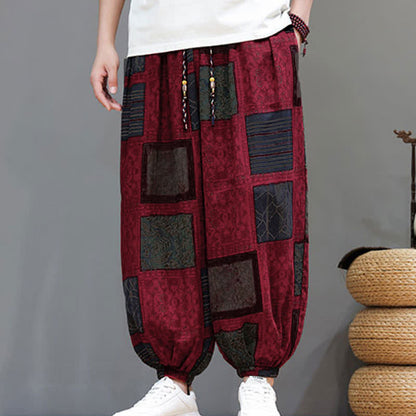 Buddha Stones Summer Boho Casual Drawstring Geometric Cropped Pants Men's Harem Pants With Pocket