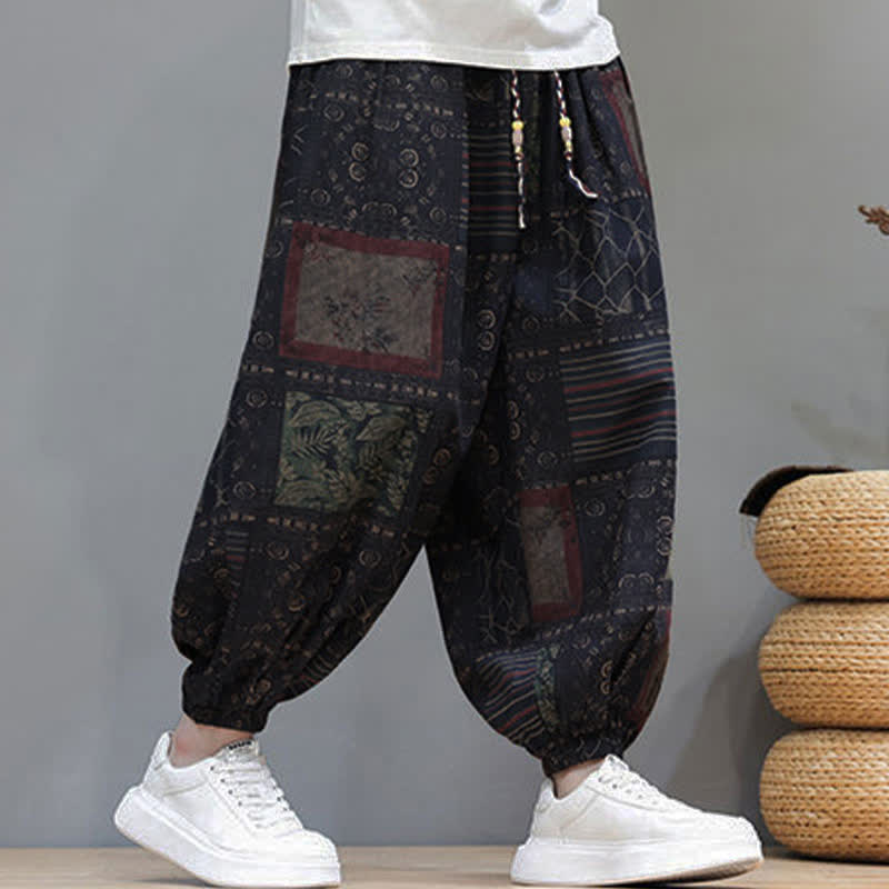 Buddha Stones Summer Boho Casual Drawstring Geometric Cropped Pants Men's Harem Pants With Pocket