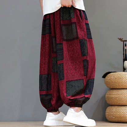 Buddha Stones Summer Boho Casual Drawstring Geometric Cropped Pants Men's Harem Pants With Pocket