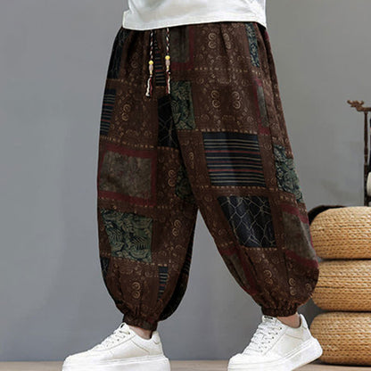 Buddha Stones Summer Boho Casual Drawstring Geometric Cropped Pants Men's Harem Pants With Pocket