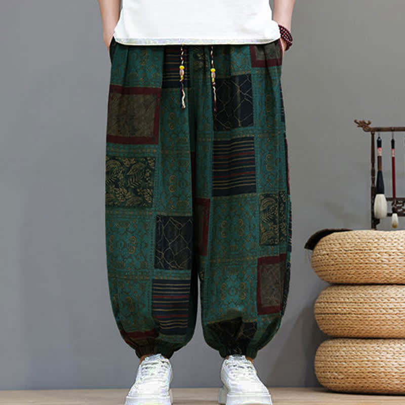 Buddha Stones Summer Boho Casual Drawstring Geometric Cropped Pants Men's Harem Pants With Pocket