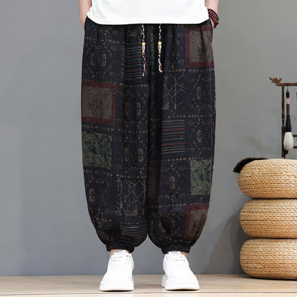 Buddha Stones Summer Boho Casual Drawstring Geometric Cropped Pants Men's Harem Pants With Pocket