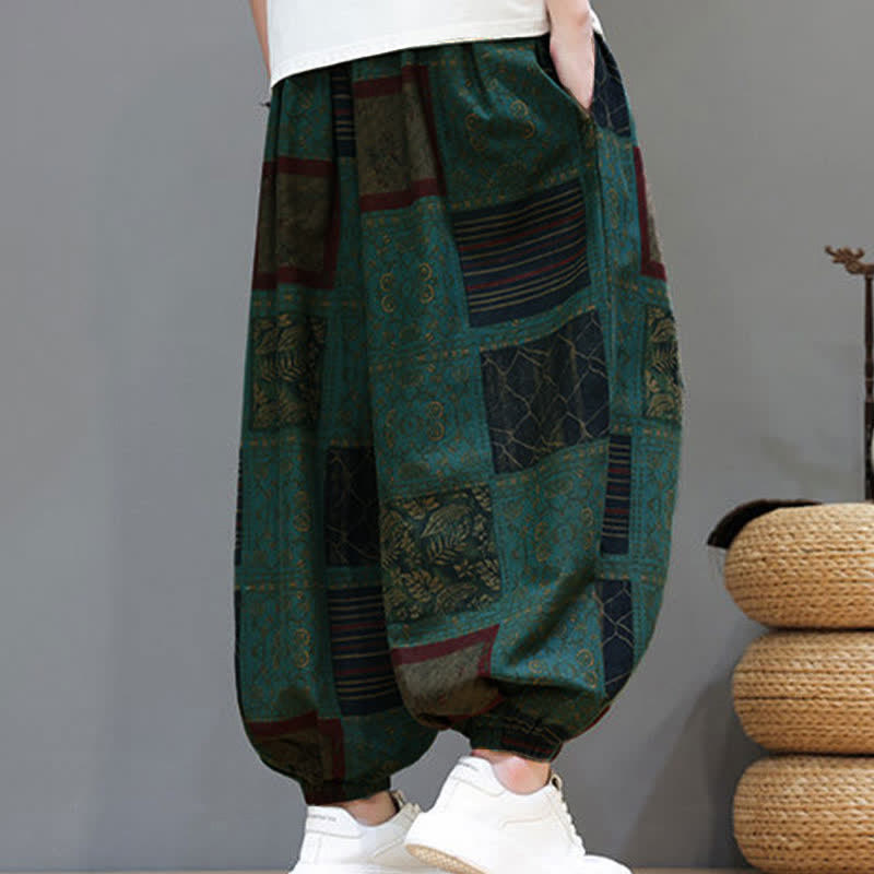 Buddha Stones Summer Boho Casual Drawstring Geometric Cropped Pants Men's Harem Pants With Pocket