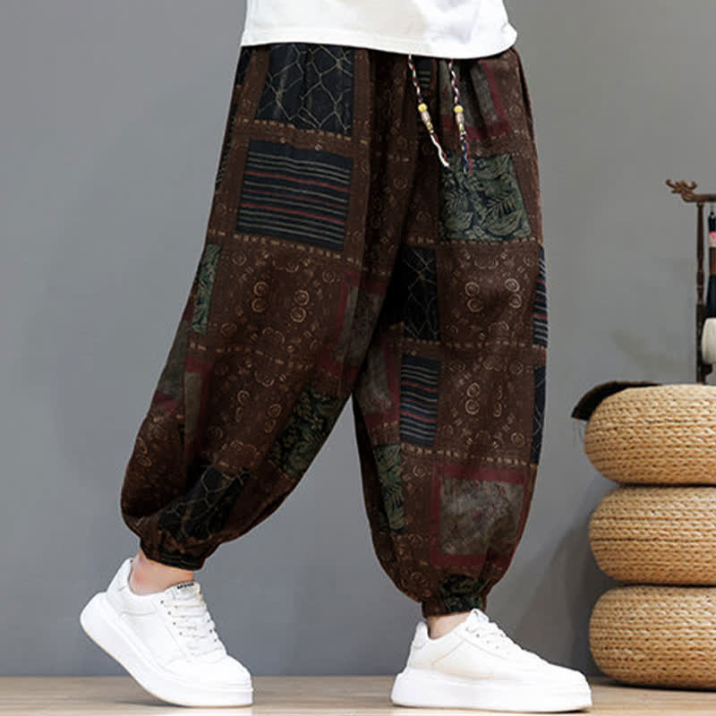 Buddha Stones Summer Boho Casual Drawstring Geometric Cropped Pants Men's Harem Pants With Pocket