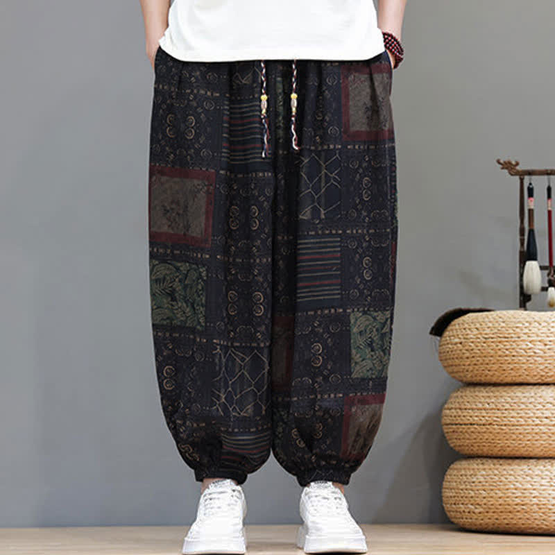 Buddha Stones Summer Boho Casual Drawstring Geometric Cropped Pants Men's Harem Pants With Pocket