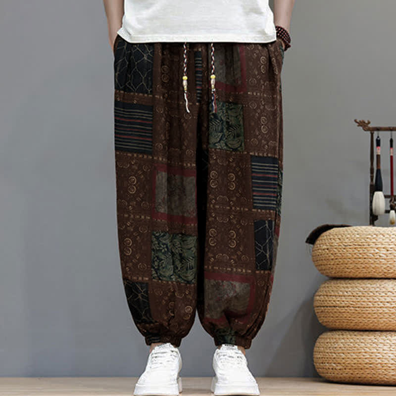 Buddha Stones Summer Boho Casual Drawstring Geometric Cropped Pants Men's Harem Pants With Pocket