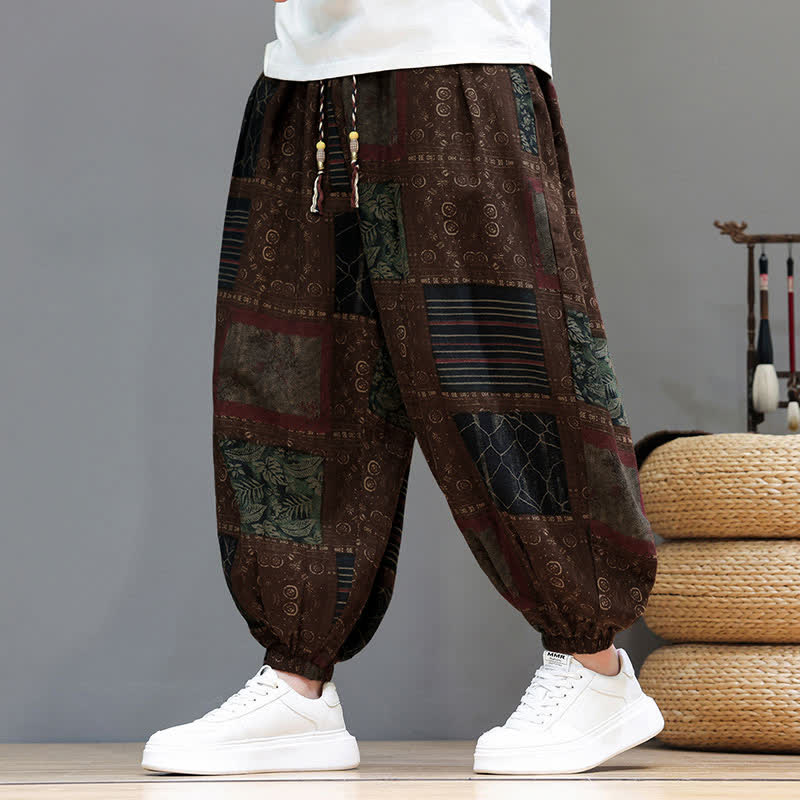 Buddha Stones Summer Boho Casual Drawstring Geometric Cropped Pants Men's Harem Pants With Pocket
