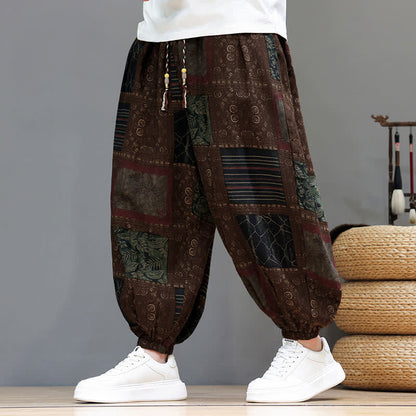 Buddha Stones Summer Boho Casual Drawstring Geometric Cropped Pants Men's Harem Pants With Pocket