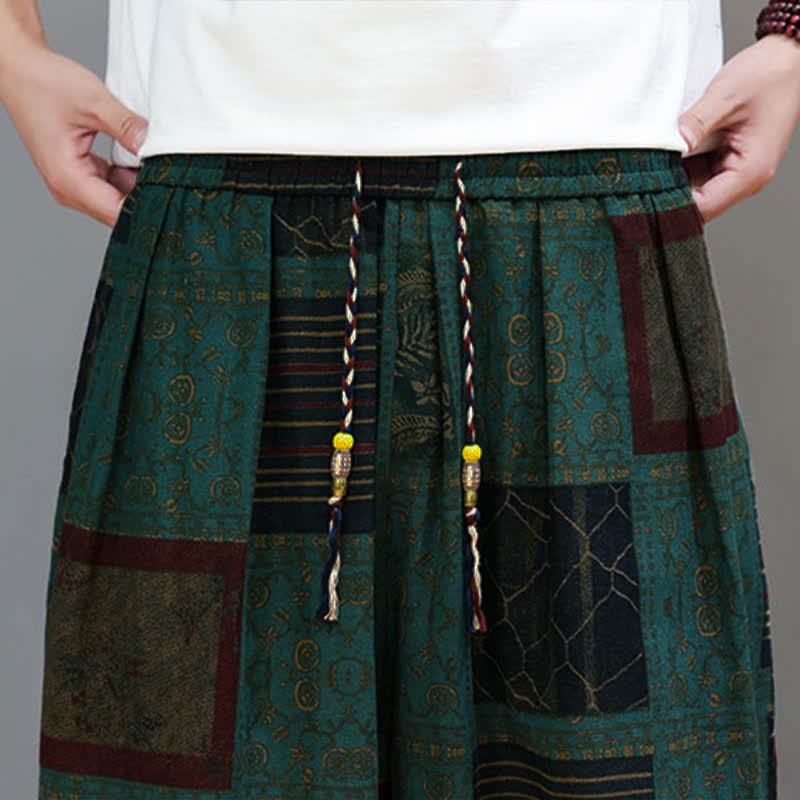 Buddha Stones Summer Boho Casual Drawstring Geometric Cropped Pants Men's Harem Pants With Pocket