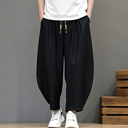 Buddha Stones Summer Casual Minimalist Drawstring Solid Cropped Pants Men's Harem Pants With Pocket
