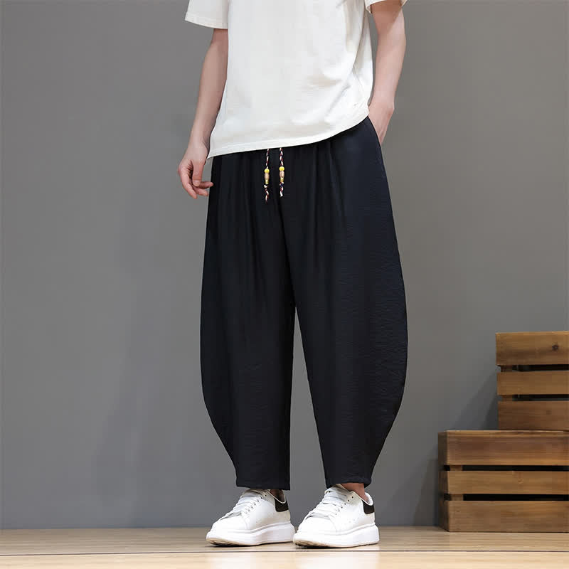 Buddha Stones Summer Casual Minimalist Drawstring Solid Cropped Pants Men's Harem Pants With Pocket